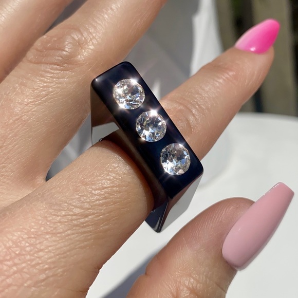 Black Acrylic Statement Ring Embellished With Genuine Crystals, Geometric Design - Picture 8 of 13